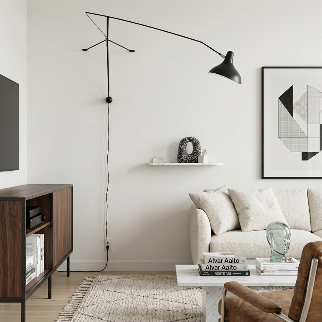 Atria 60 inch grand long arm wall lamp behind sofa living room arm reaching over seating area modern interior