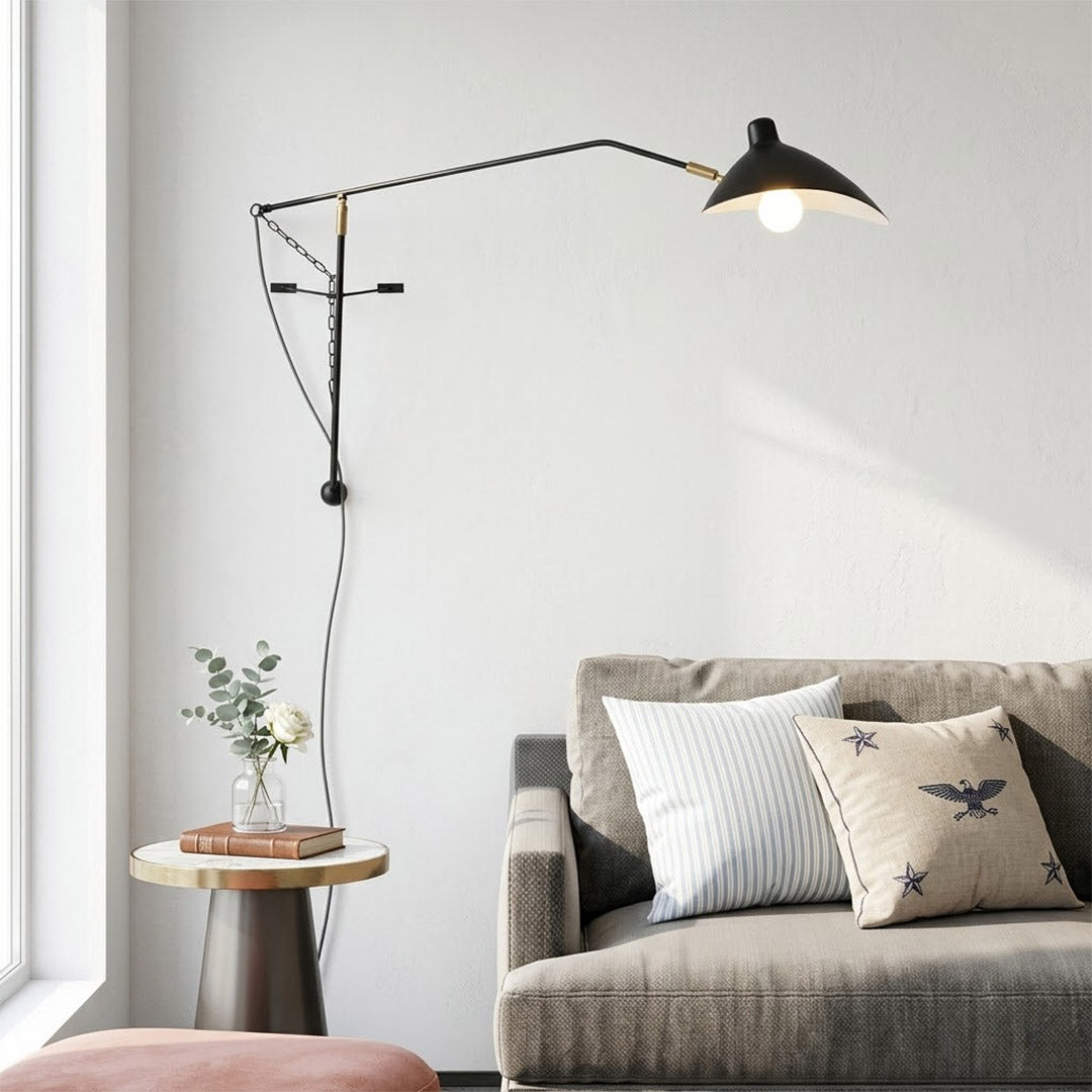 Atria 60 inch grand long arm wall lamp behind sofa living room arm reaching over seating area modern interior