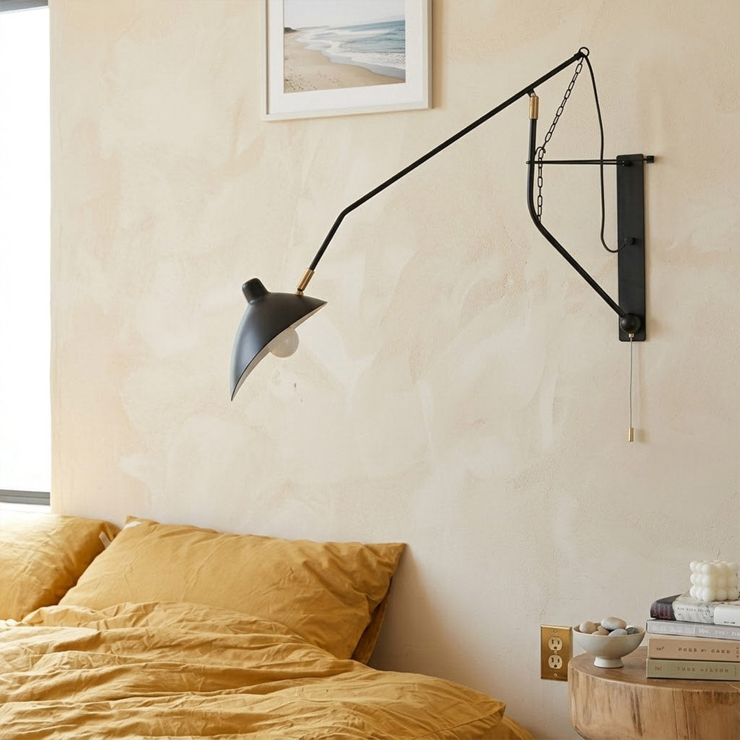 Atria 28 inch long arm wall lamp mounted above headboard bedside reading task lighting modern minimalist bedroom interior