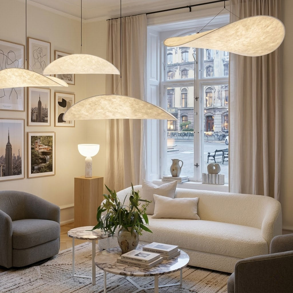 Aura 39 inch grand disc pendant living room foyer statement modern minimalist architectural lighting low ceiling