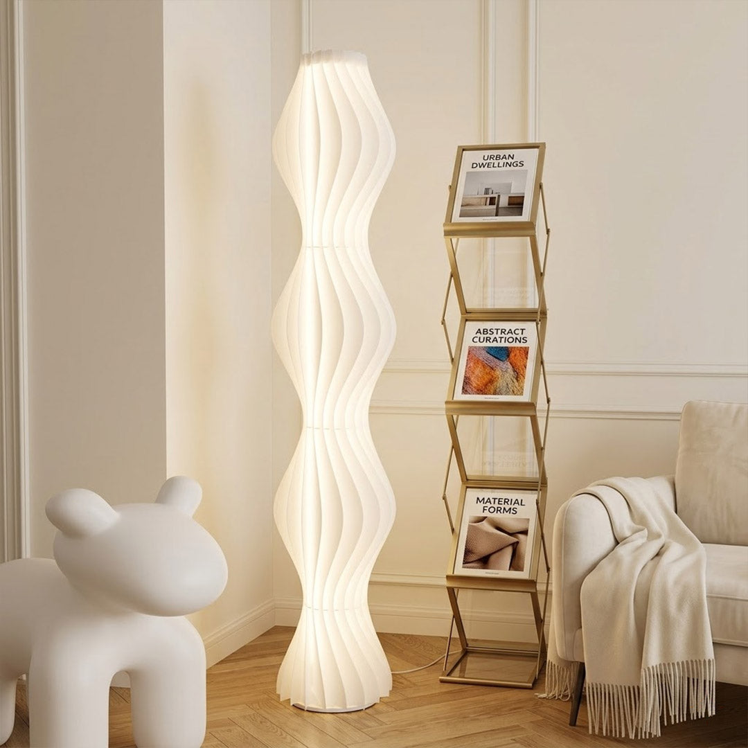 Aureli white wave LED floor lamp with sculptural acrylic shade by Stuberlighting