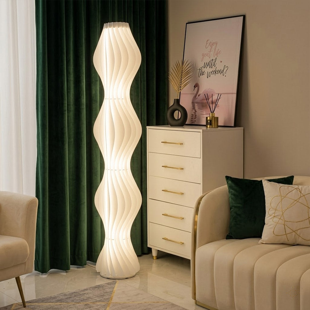 Aureli white wave LED floor lamp with sculptural acrylic shade by Stuberlighting