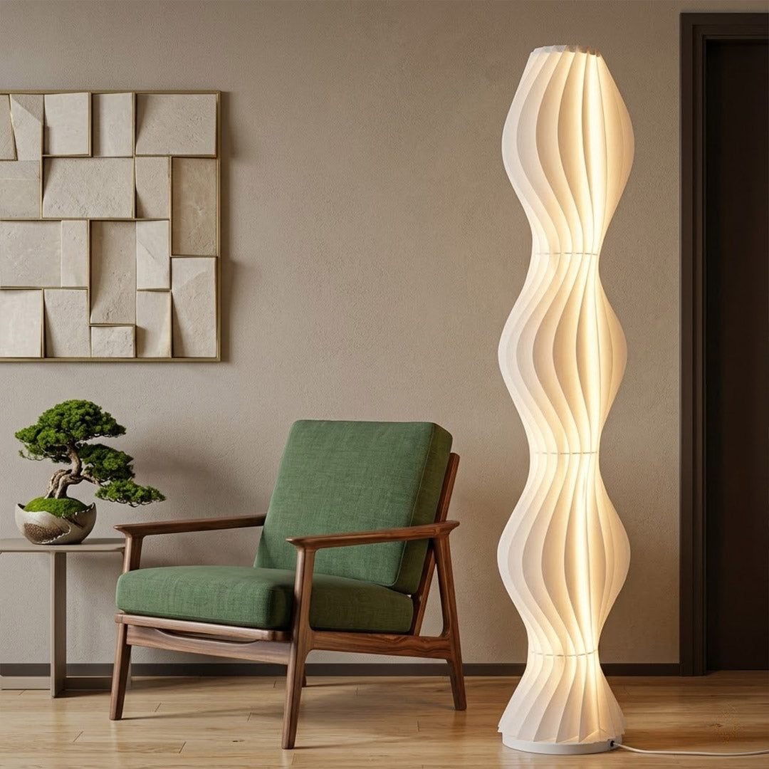 Aureli white wave LED floor lamp with sculptural acrylic shade by Stuberlighting