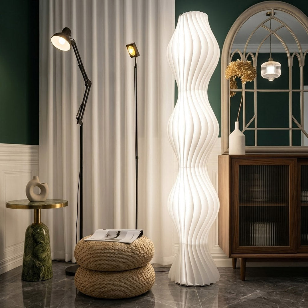 Aureli white wave LED floor lamp with sculptural acrylic shade by Stuberlighting