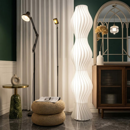 Aureli white wave LED floor lamp with sculptural acrylic shade by Stuberlighting