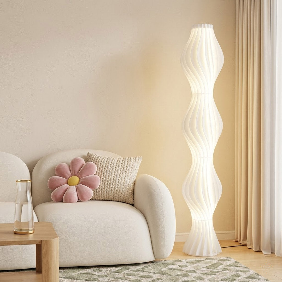 Aureli white wave LED floor lamp with sculptural acrylic shade by Stuberlighting