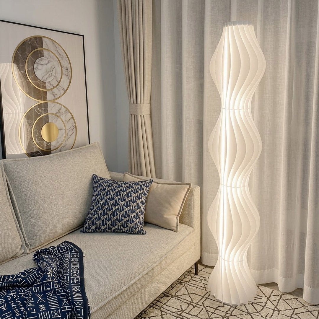 Aureli white wave LED floor lamp with sculptural acrylic shade by Stuberlighting
