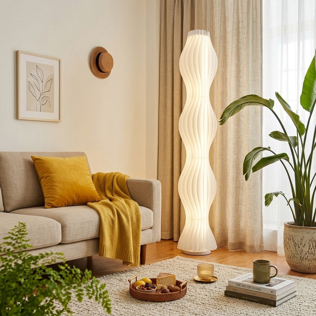 Aureli white wave LED floor lamp with sculptural acrylic shade by Stuberlighting