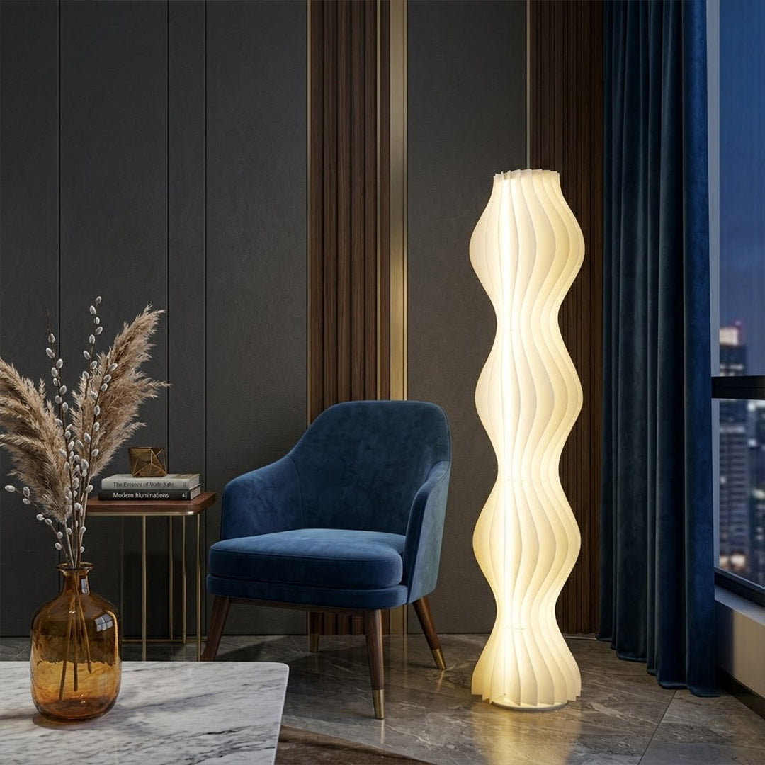 Aureli white wave LED floor lamp with sculptural acrylic shade by Stuberlighting