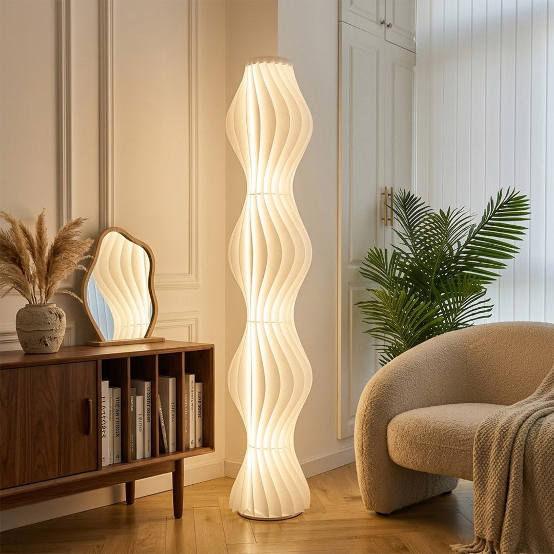 Aureli white wave LED floor lamp with sculptural acrylic shade by Stuberlighting