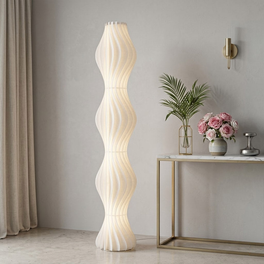 Aureli white wave LED floor lamp with sculptural acrylic shade by Stuberlighting