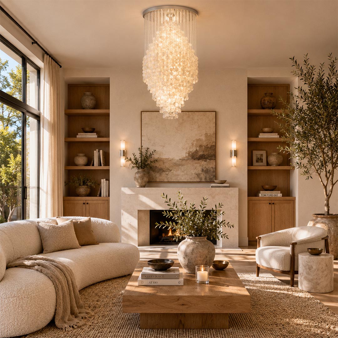 Elegant modern multi-tier glass drop chandelier in a luxurious Japandi living room, illuminating white sofas.