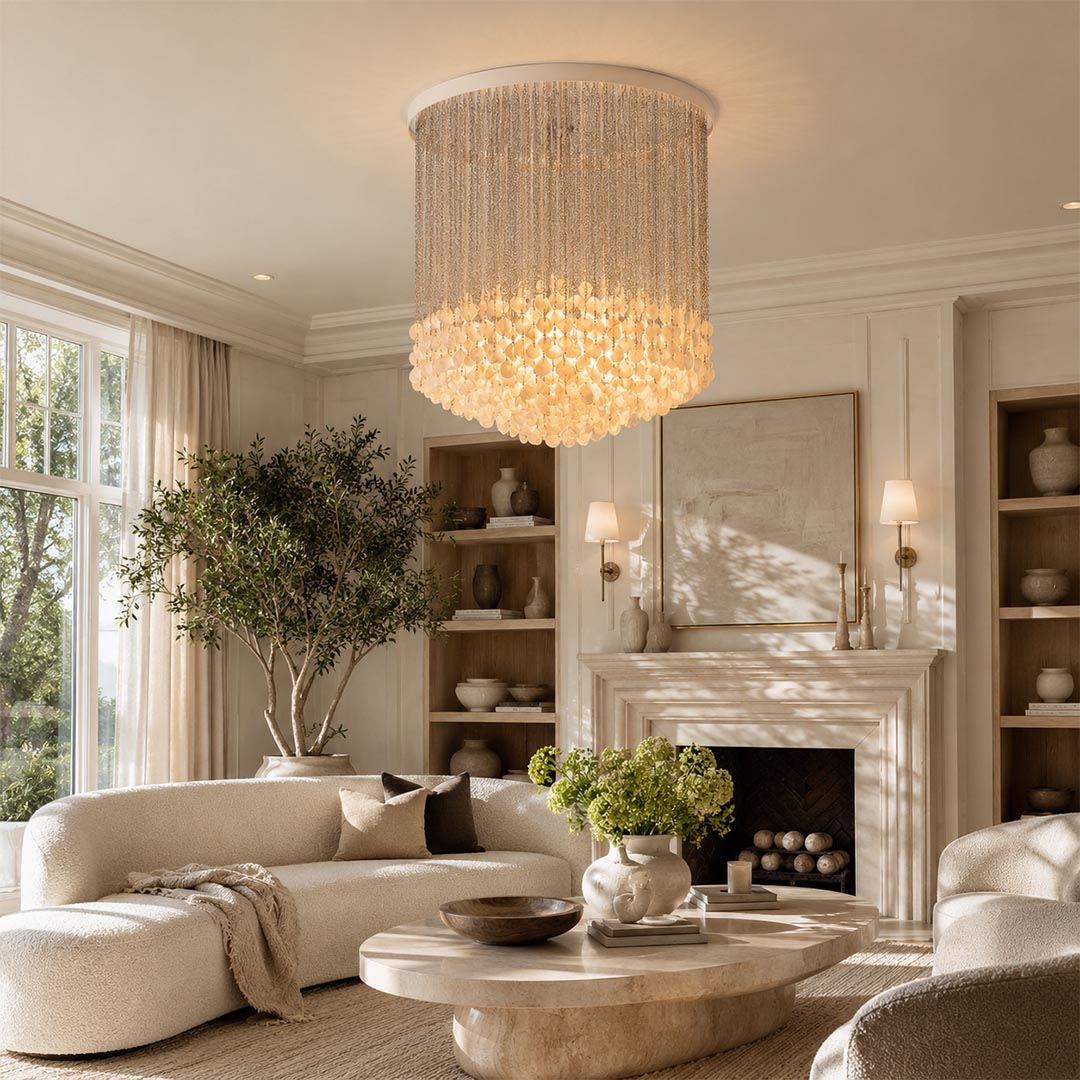 Modern glass cylinder flush mount ceiling light in a cozy high-end living room with a stone fireplace.
