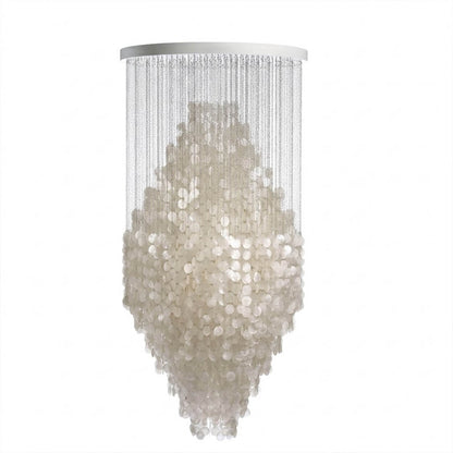 Aurelia FUN style grand cascade shell chandelier 8DM 39 inch diameter 79 inch tall vertical waterfall two story foyer Mid Century designer Capiz shell tribute white background