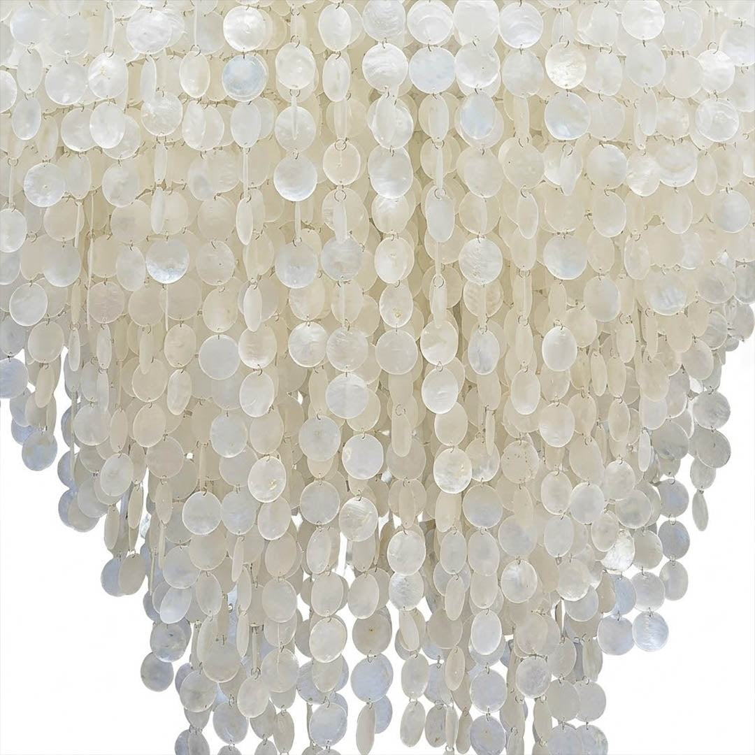 Aurelia vertical cascade waterfall Capiz shell layered structure craftsmanship detail close up unique design feature FUN style Mid Century