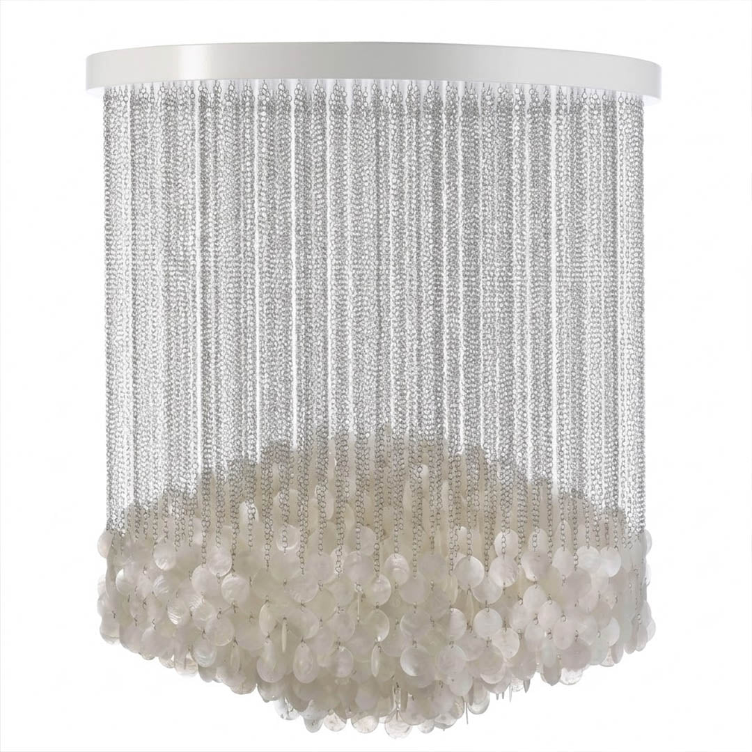 Aurelia FUN style grand cascade shell chandelier 7DM 39 inch diameter 43 inch height Mid Century designer Capiz shell tribute white background