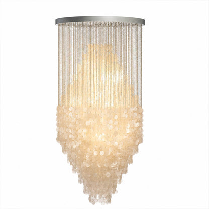 Aurelia FUN style grand cascade shell chandelier 8DM 39 inch diameter 79 inch tall vertical waterfall two story foyer Mid Century designer Capiz shell tribute white background