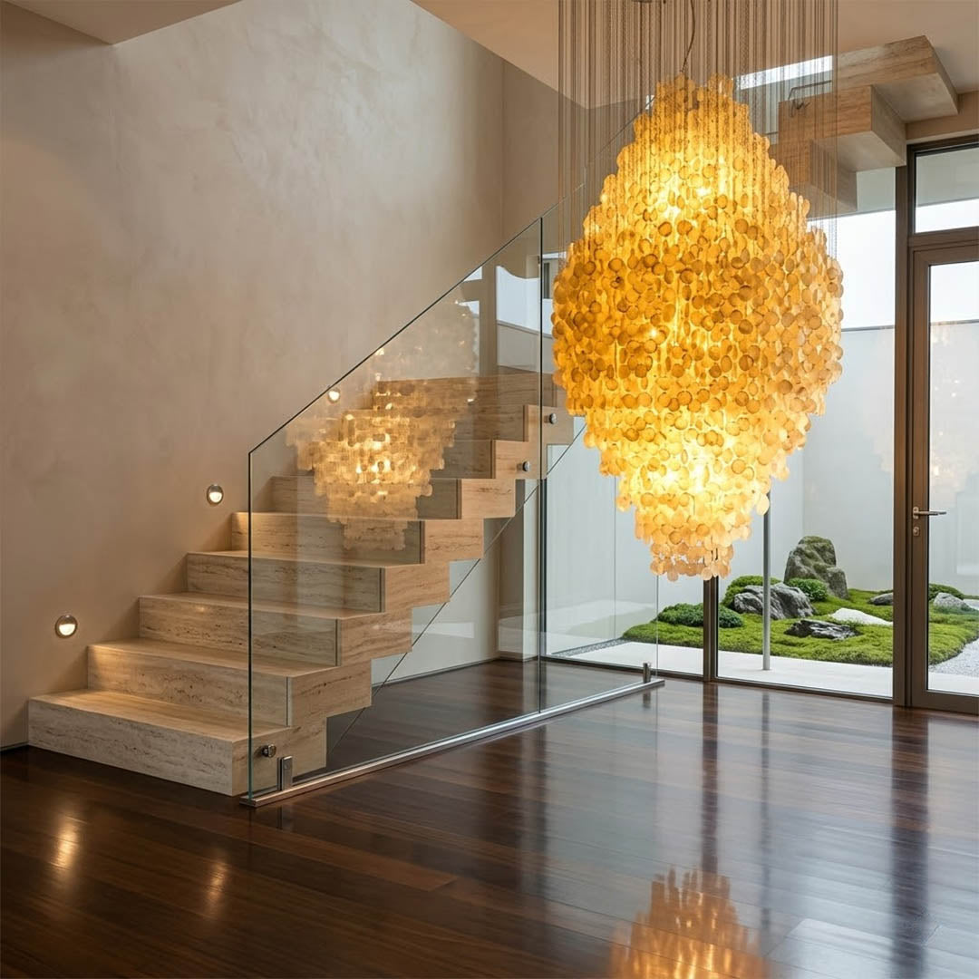 Aurelia 8DM FUN style grand cascade shell chandelier two story foyer cathedral 25 ft mansion oceanfront Hampton beach house grand entrance warm glow lifestyle interior