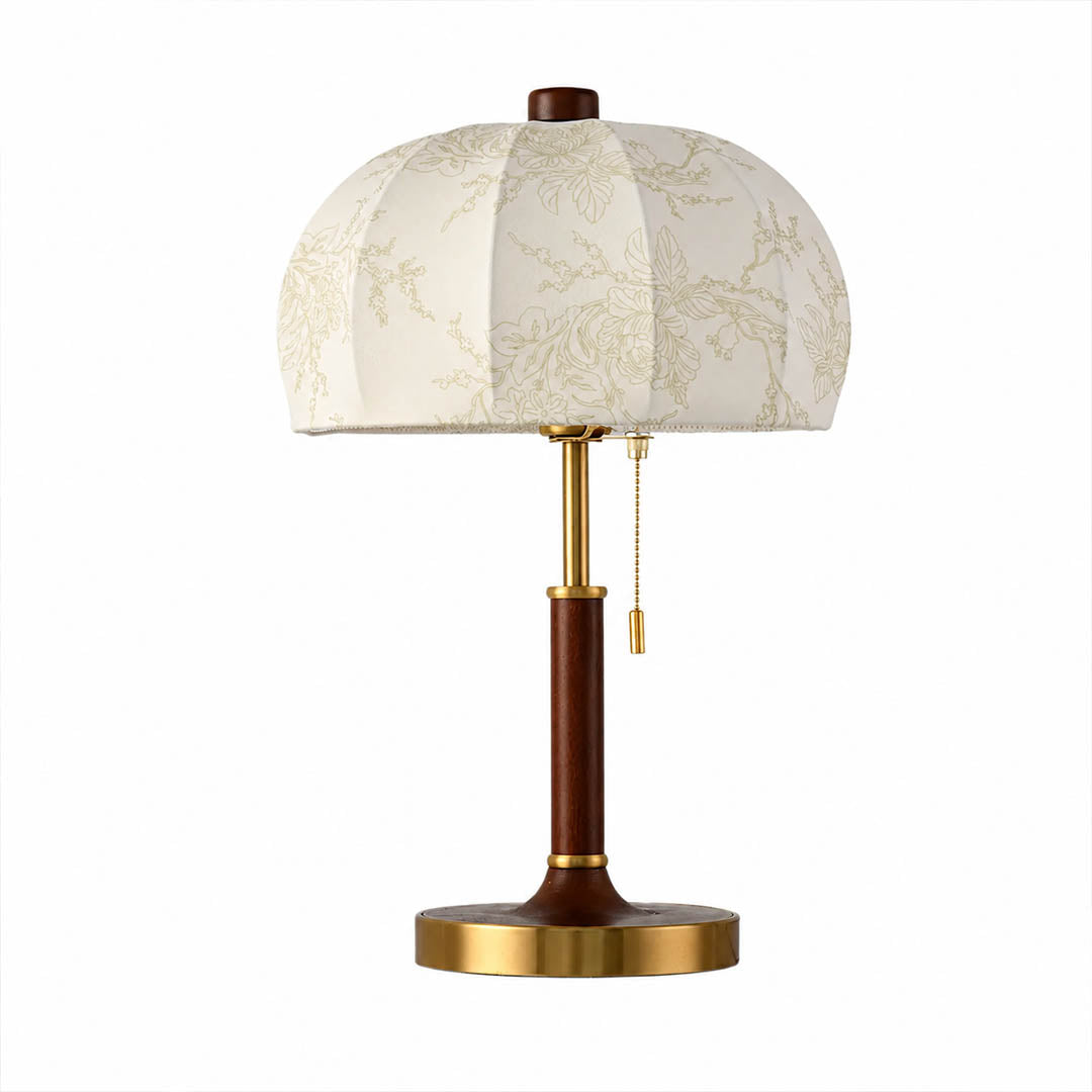 Aurelle floral fabric table lamp walnut wood body gold brass floral fabric shade classic elegant white background front view