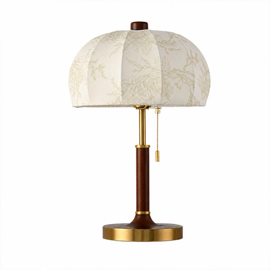 Aurelle floral fabric table lamp walnut wood body gold brass floral fabric shade classic elegant white background front view