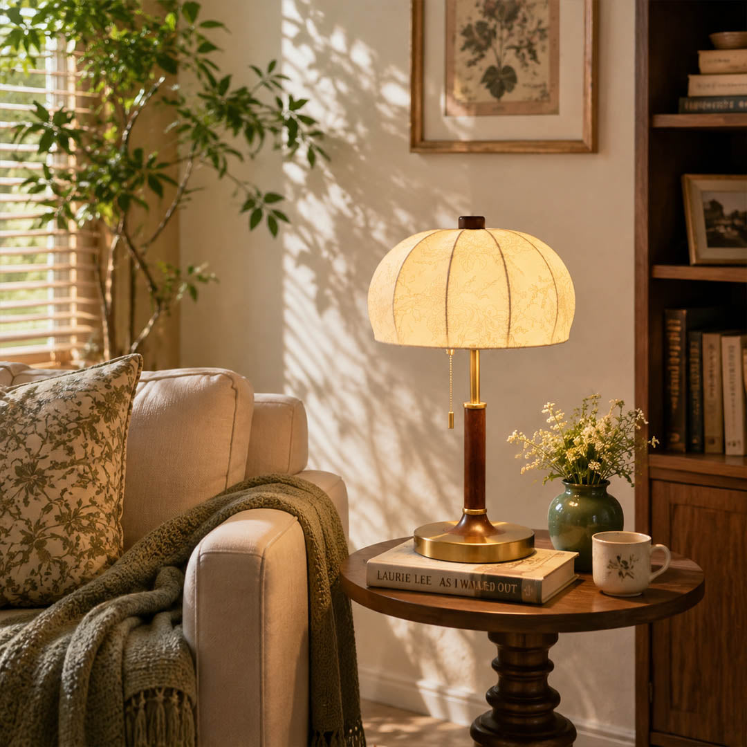 Aurelle floral fabric table lamp living room side table walnut wood floral shade warm glow classic elegant American home lifestyle interior styled