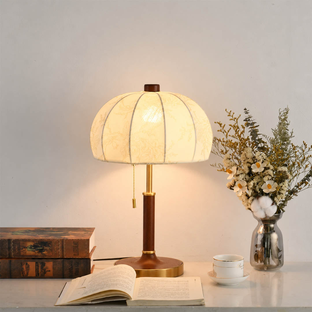 Aurelle floral fabric table lamp study reading nook walnut floral shade warm glow classic American home lifestyle interior