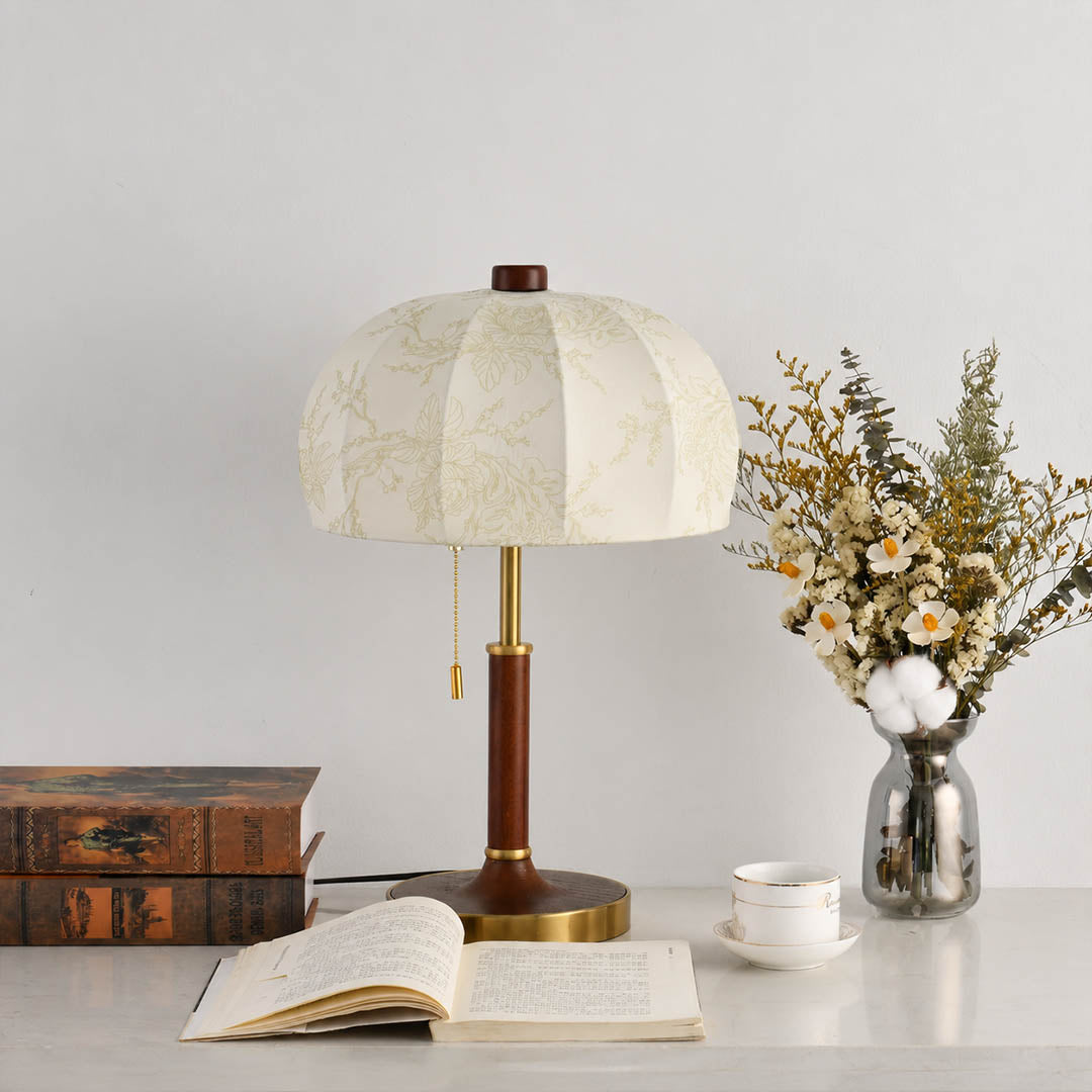 Aurelle floral fabric table lamp study reading nook walnut floral shade warm glow classic American home lifestyle interior