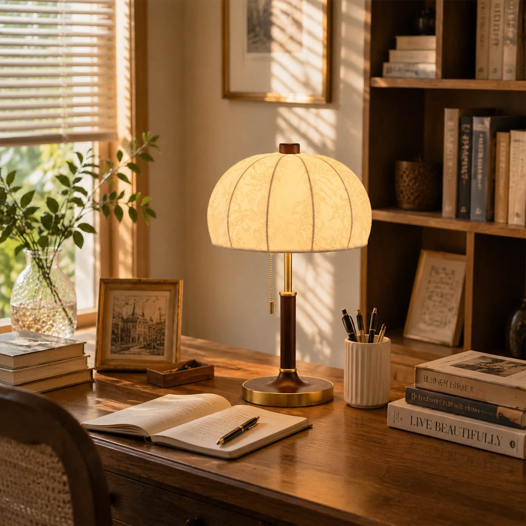 Aurelle floral fabric table lamp study reading nook walnut floral shade warm glow classic American home lifestyle interior