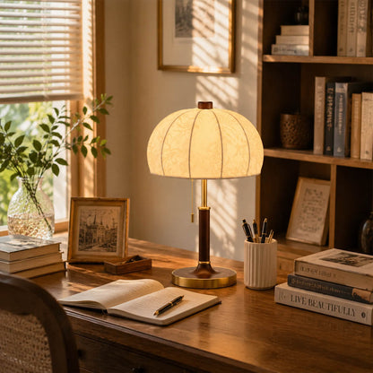 Aurelle floral fabric table lamp study reading nook walnut floral shade warm glow classic American home lifestyle interior