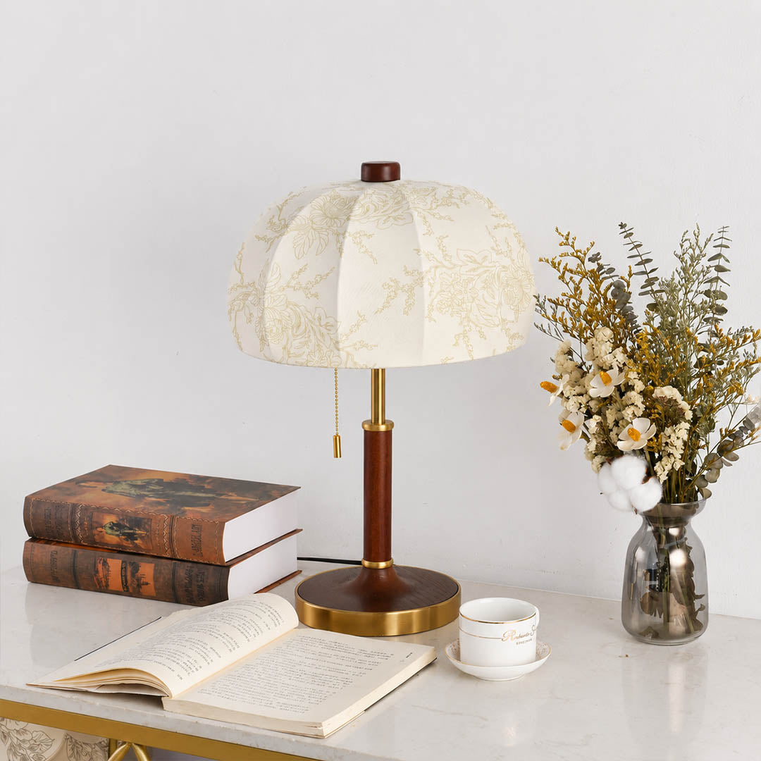 Aurelle floral fabric table lamp study reading nook walnut floral shade warm glow classic American home lifestyle interior