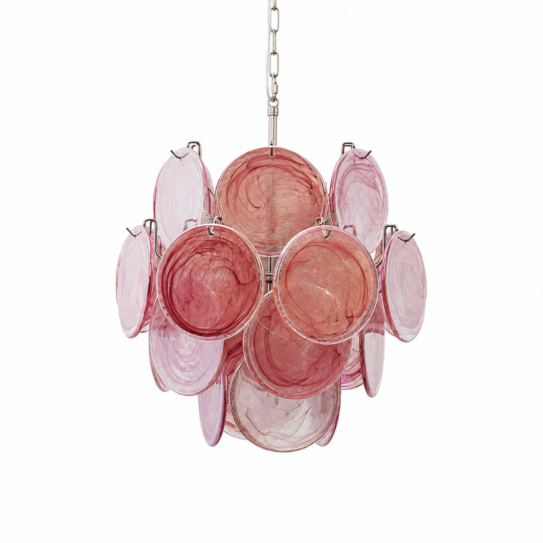 Aurora iridescent disc Murano glass chandelier 18 inch pink rose romantic nickel silver frame hand blown Italian layered swirling pigment kaleidoscopic modern feminine sculptural white background