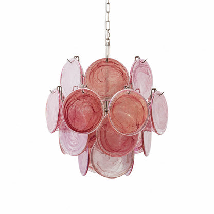 Aurora iridescent disc Murano glass chandelier 18 inch pink rose romantic nickel silver frame hand blown Italian layered swirling pigment kaleidoscopic modern feminine sculptural white background