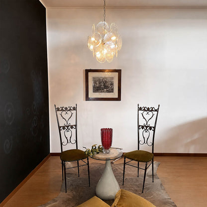 Aurora iridescent Murano disc chandelier hospitality restaurant cafe boutique commercial project modern contemporary sculptural nickel silver statement warm glow lifestyle interior