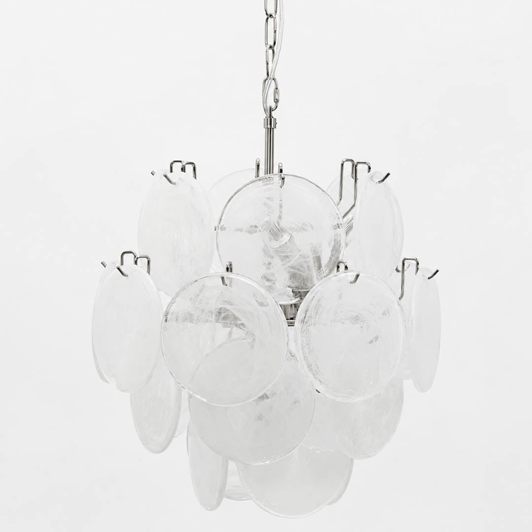 Aurora iridescent disc Murano glass chandelier 18 inch white frosted milk translucent nickel silver frame hand blown Italian layered swirling pigment kaleidoscopic modern minimalist sculptural exclusive white background