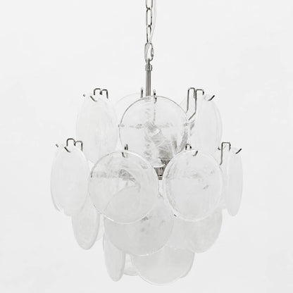 Aurora iridescent disc Murano glass chandelier 18 inch white frosted milk translucent nickel silver frame hand blown Italian layered swirling pigment kaleidoscopic modern minimalist sculptural exclusive white background
