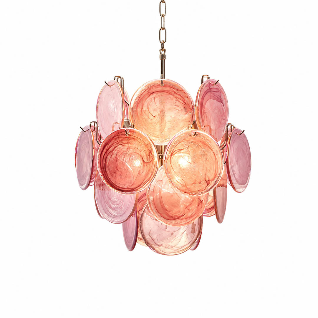 Aurora iridescent disc Murano glass chandelier 18 inch pink rose romantic nickel silver frame hand blown Italian layered swirling pigment kaleidoscopic modern feminine sculptural white background