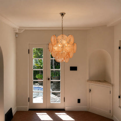 Aurora white frosted milk iridescent Murano disc chandelier modern minimalist living room bedroom contemporary nickel silver sculptural exclusive warm glow lifestyle interior