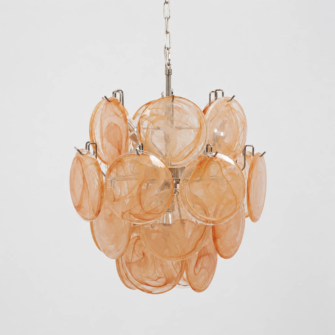 Aurora iridescent disc Murano glass chandelier 18 inch orange vibrant sunset nickel silver frame hand blown Italian layered swirling pigment kaleidoscopic modern bold statement sculptural exclusive white background