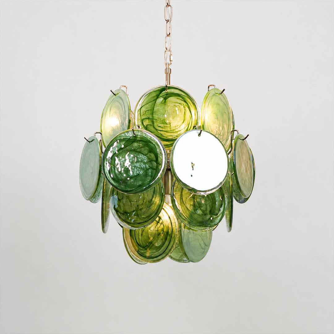 Aurora iridescent disc Murano glass chandelier 18 inch green olive nickel silver frame hand blown Italian layered swirling pigment kaleidoscopic modern botanical sculptural white background