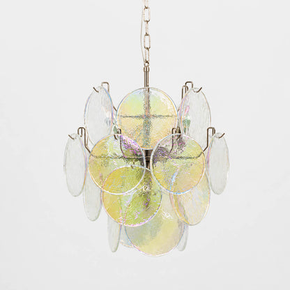 Aurora iridescent disc Murano glass chandelier 18 inch clear crystal nickel silver frame hand blown Italian layered swirling pigment kaleidoscopic modern statement sculptural white background