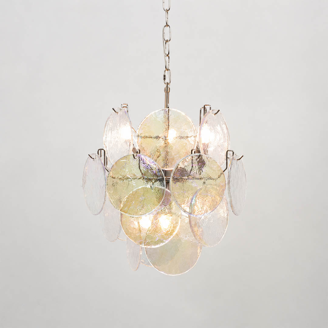 Aurora iridescent disc Murano glass chandelier 18 inch clear crystal nickel silver frame hand blown Italian layered swirling pigment kaleidoscopic modern statement sculptural white background