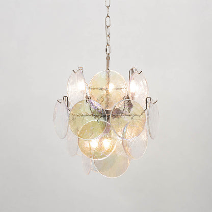 Aurora iridescent disc Murano glass chandelier 18 inch clear crystal nickel silver frame hand blown Italian layered swirling pigment kaleidoscopic modern statement sculptural white background