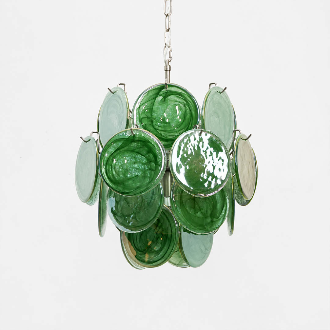 Aurora iridescent disc Murano glass chandelier 18 inch green olive nickel silver frame hand blown Italian layered swirling pigment kaleidoscopic modern botanical sculptural white background