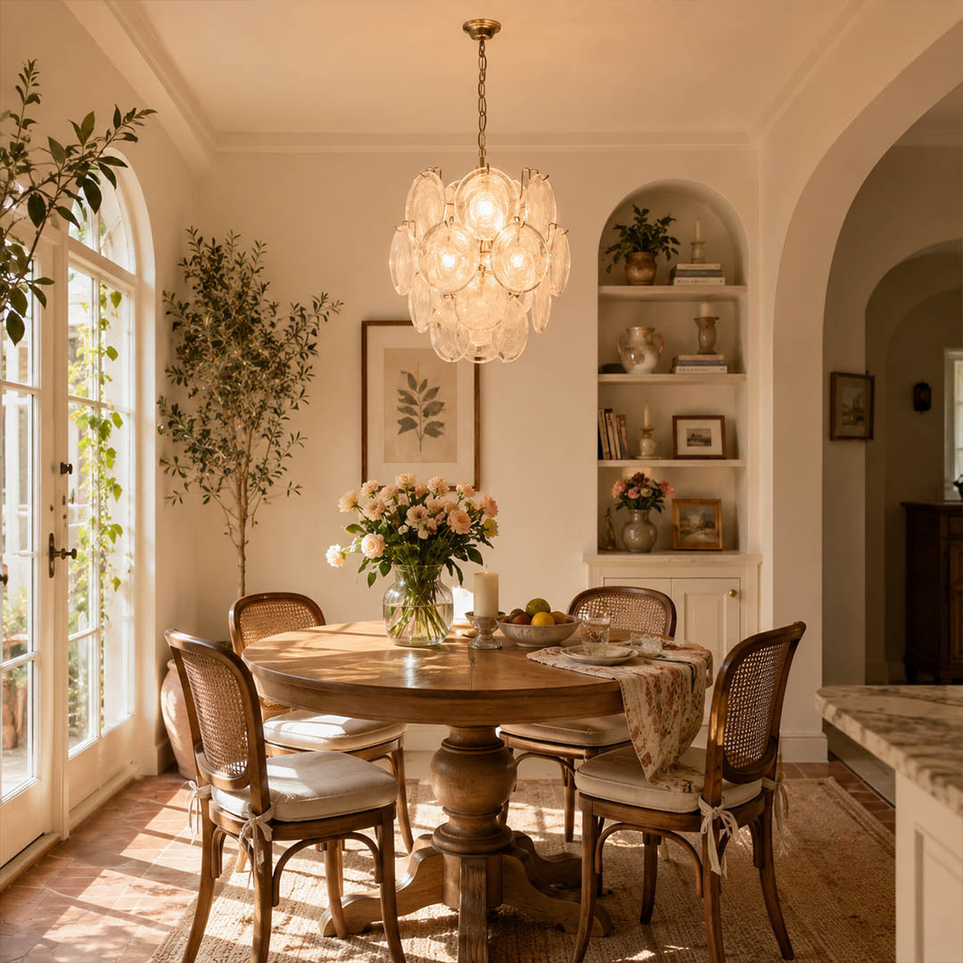 Aurora clear crystal iridescent Murano disc chandelier modern dining room walnut table nickel silver contemporary sculptural statement warm glow lifestyle interior