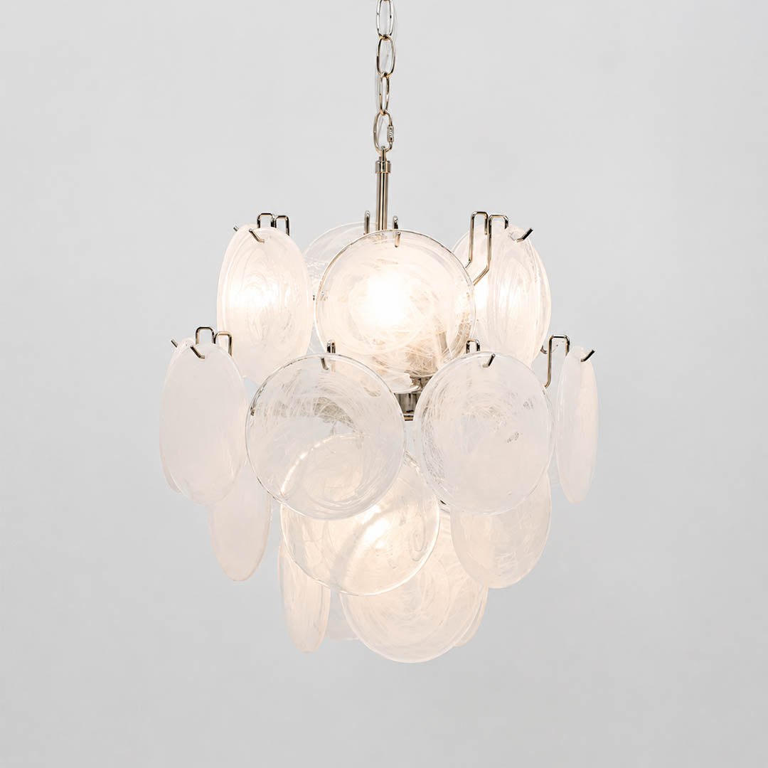 Aurora iridescent disc Murano glass chandelier 18 inch white frosted milk translucent nickel silver frame hand blown Italian layered swirling pigment kaleidoscopic modern minimalist sculptural exclusive white background