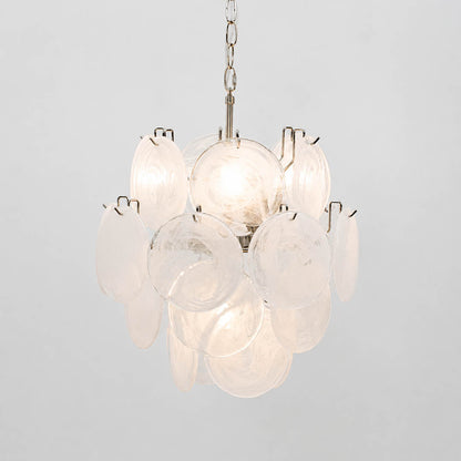Aurora iridescent disc Murano glass chandelier 18 inch white frosted milk translucent nickel silver frame hand blown Italian layered swirling pigment kaleidoscopic modern minimalist sculptural exclusive white background