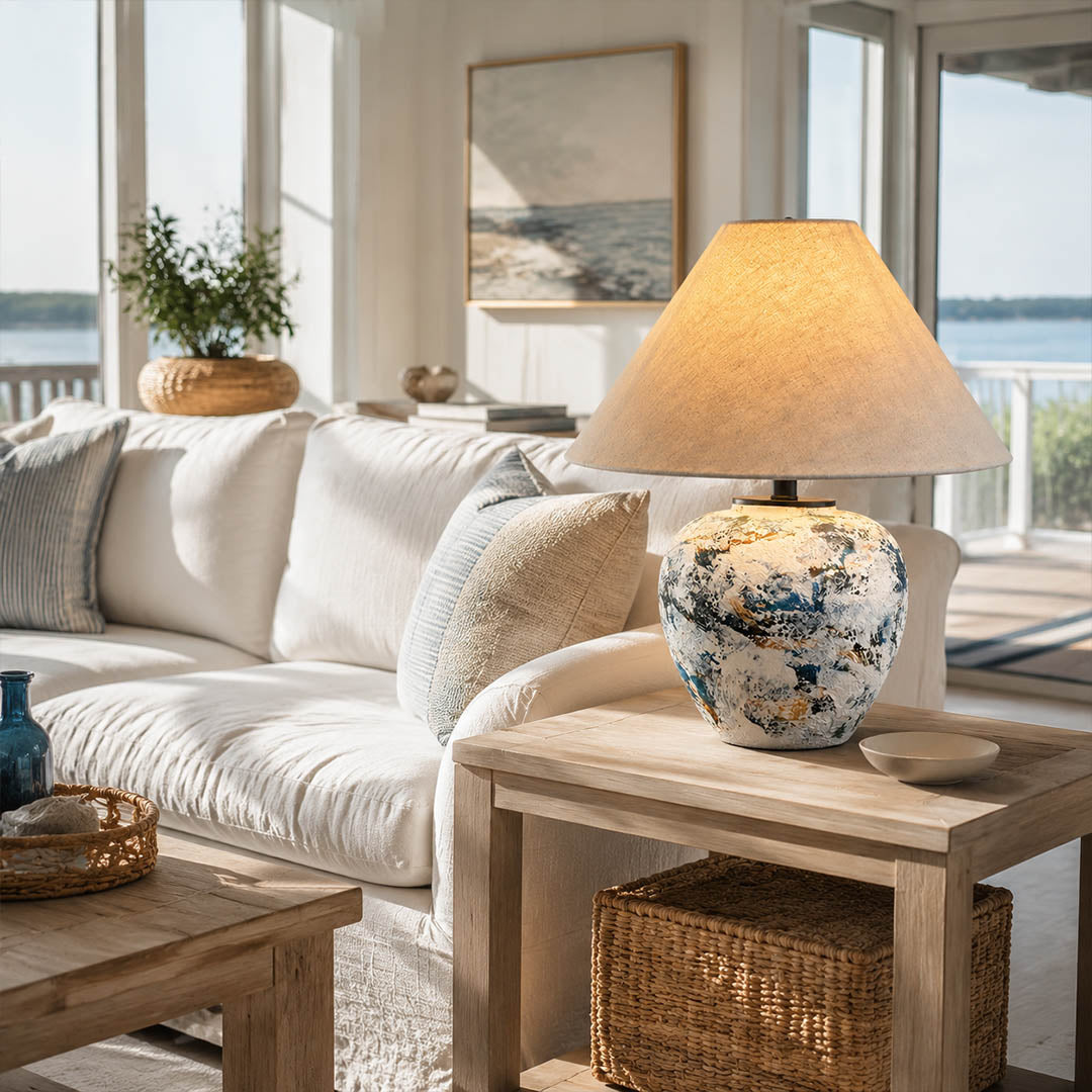 Azzurro ceramic table lamp coastal blue white living room side table ceramic beige shade fresh airy American home lifestyle interior