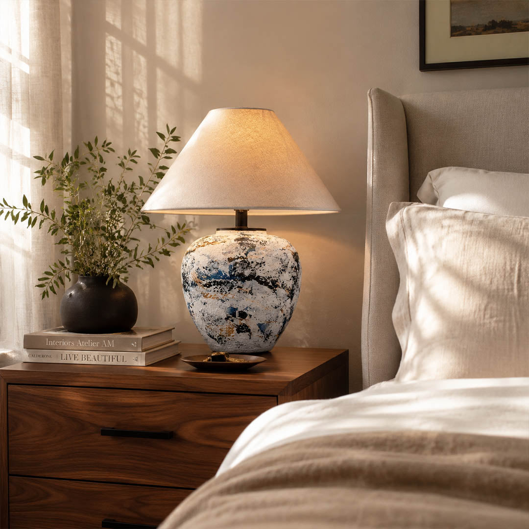 Azzurro ceramic table lamp bedroom nightstand bedside blue white ceramic beige shade warm cozy American home lifestyle interior