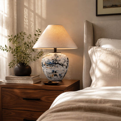 Azzurro ceramic table lamp bedroom nightstand bedside blue white ceramic beige shade warm cozy American home lifestyle interior