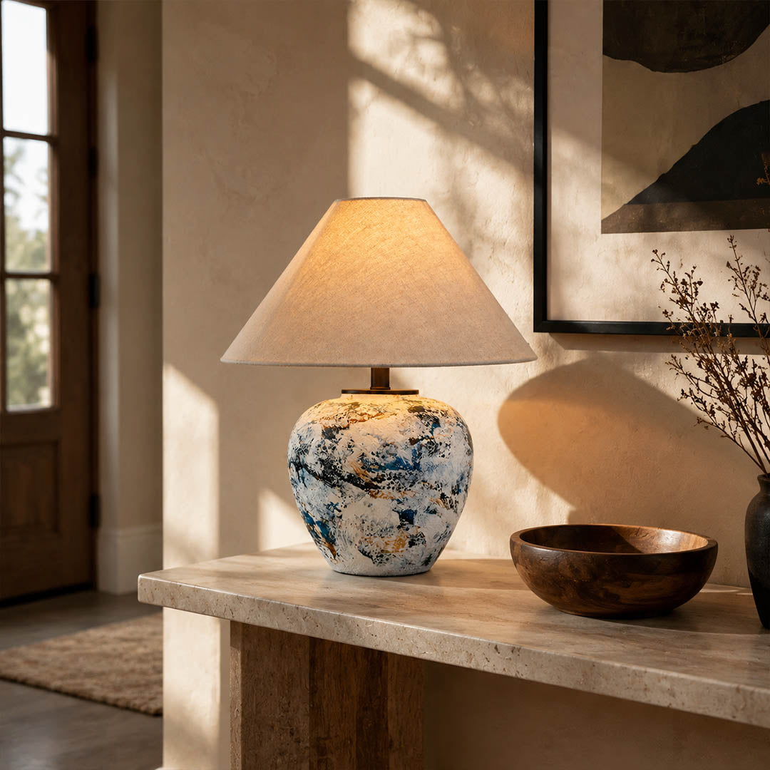 Azzurro ceramic table lamp entryway console table blue white ceramic beige shade welcoming neoclassical American home lifestyle interior
